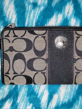 Coach Black/Tan Signature Canvas Zip Wallet with Button Detail